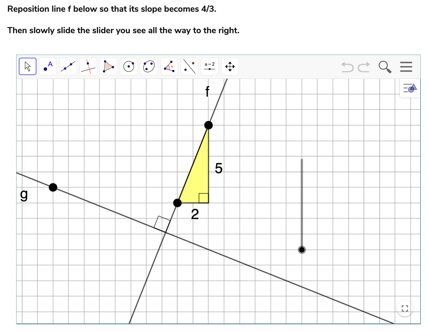 Geogebra graphing interaction in the TAO assessment platform displaying a question about a right sided traingle